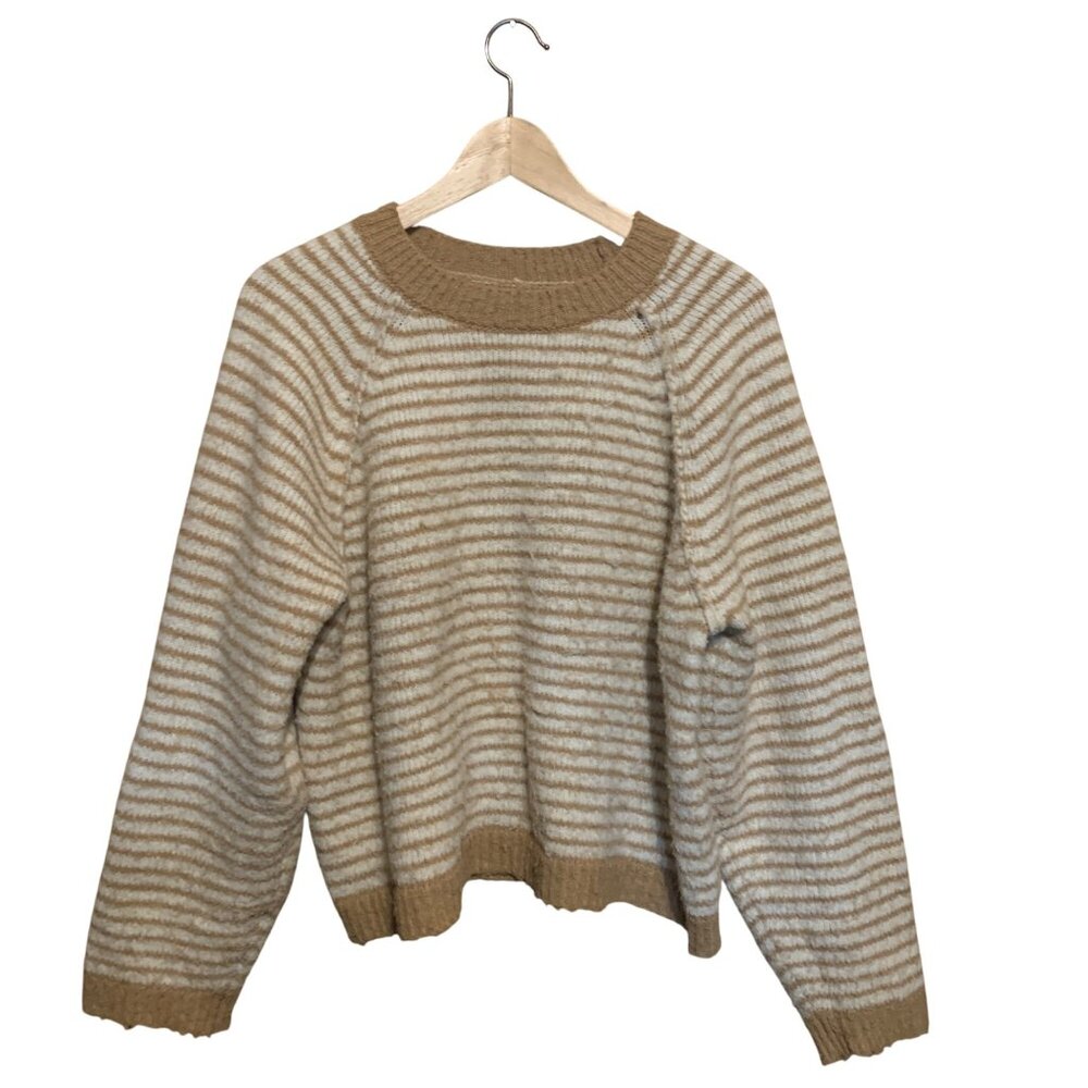 AE Women's‎ Sweater Beige & White Striped Knit Sweater Sz M Lagenlook Minimalist